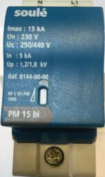 Surge Protection Device Medel Soule PM 15 bi  Made by SOULE Operation parameters Surge Protector Rail, 250/440Vac In:5KA,1.2Kv Imax 15KA Output Voltage 230