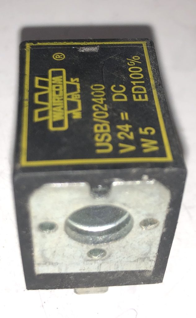 Waircom USB/02400 specs in points  Brand: Waircom / Waircom MBS Model: USB/02400 Type: solenoid valve coil Coil size: 22 mm Voltage: 24 VDC Power consumption: 5 W Duty cycle: ED 100% continuous duty Insulation class: Class H, 180°C Working temperature: -3